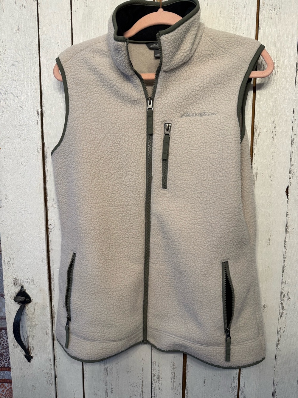 Eddie Bauer Cream Sherpa Fleece Vest with Olive Trim